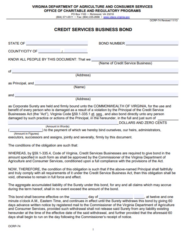 Virginia Credit Services Bond Form