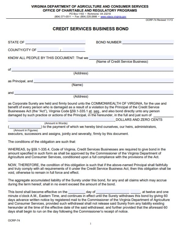 Virginia Credit Services Bond Form