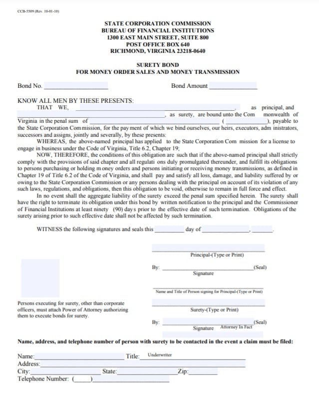 Virginia Money Transmitter Bond Form