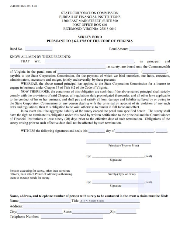 Virginia Mortgage Loan Originator Bond Form