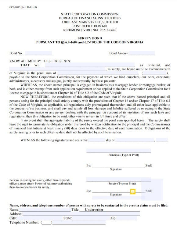 Virginia Mortgage Lender Bond Form