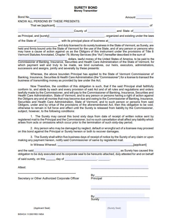 Vermont Money Transmitter Bond Form