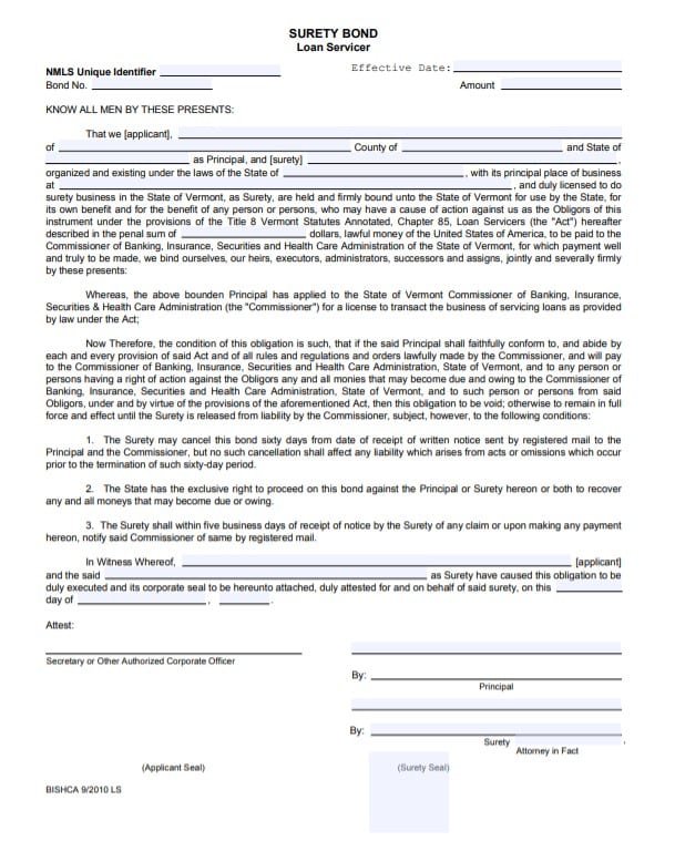 Vermont Loan Servicer Bond Form