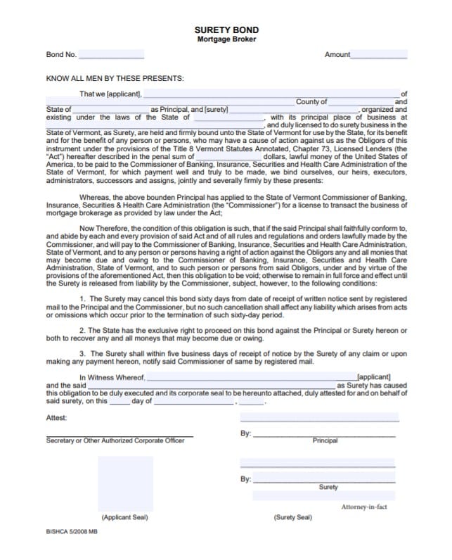 Vermont Mortgage Broker Bond Form