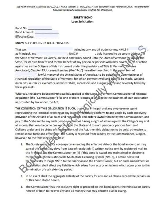 Vermont Loan Solicitation Bond Form