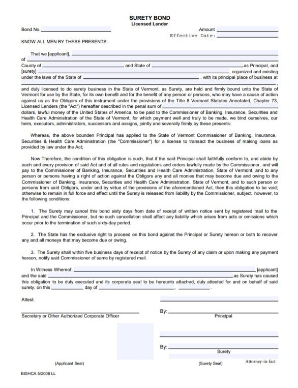 Vermont Licensed Lender Bond Form