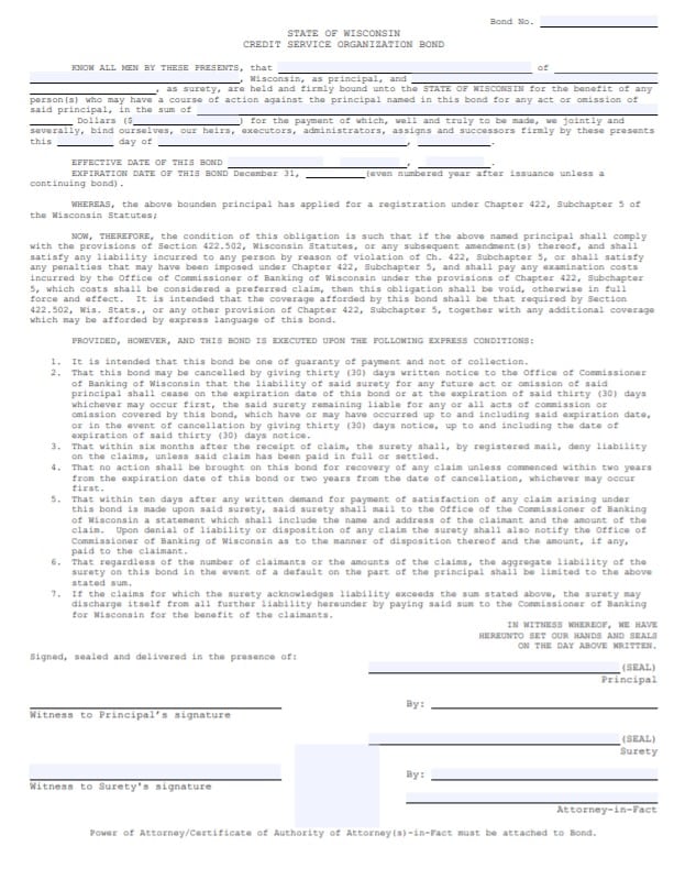 Wisconsin Credit Service Organization Bond Form