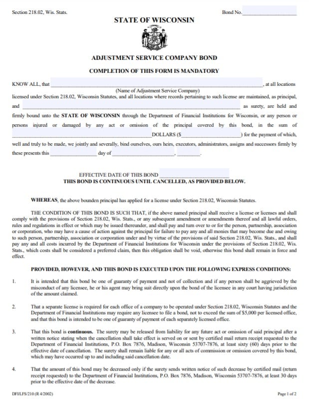 Wisconsin Adjustment Service Company Bond Form