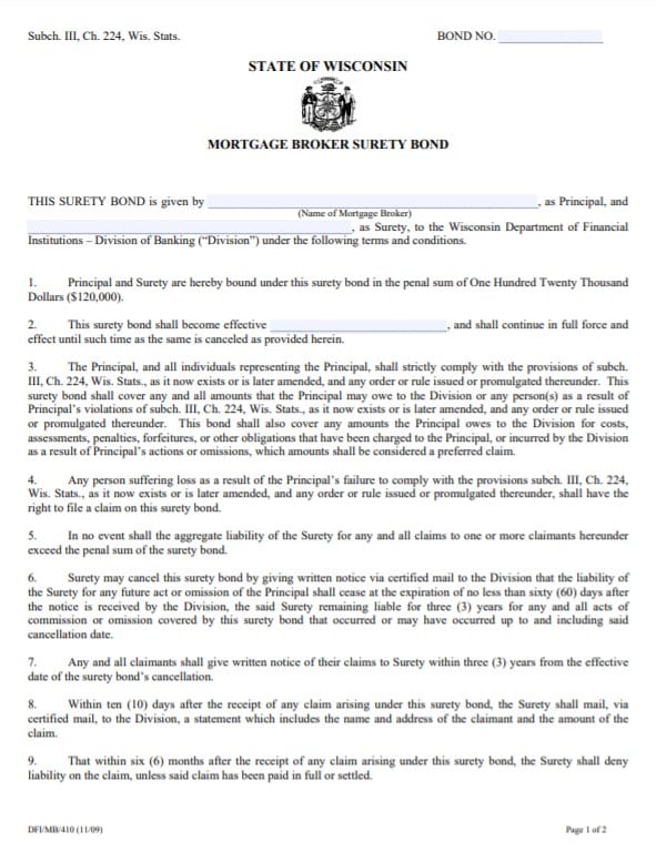 Wisconsin Mortgage Broker Bond Form