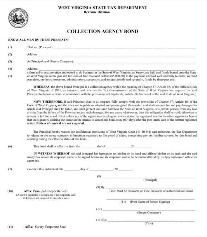 West Virginia Collection Agency Bond Form