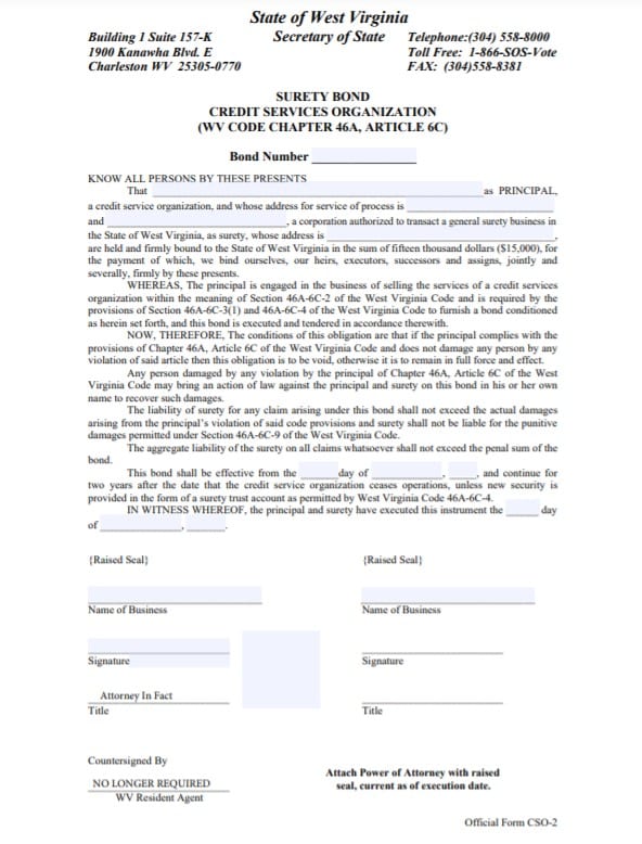 West Virginia Credit Services Organization Bond Form