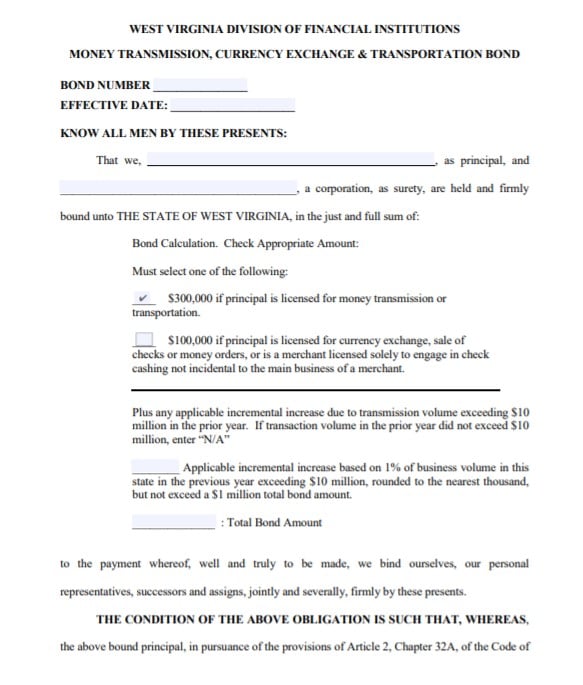 West Virginia Money Transmitter Bond Form