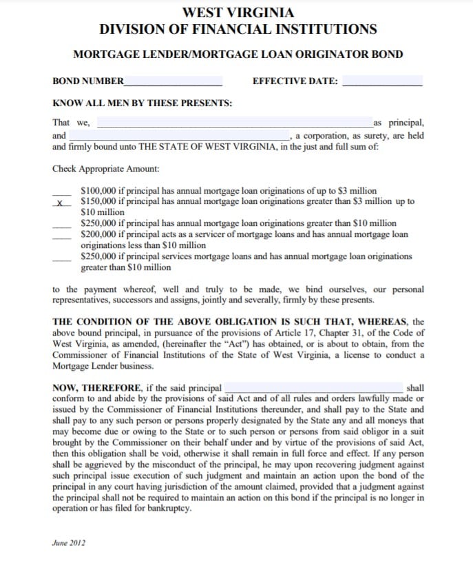 West Virginia Mortgage Lender Bond Form