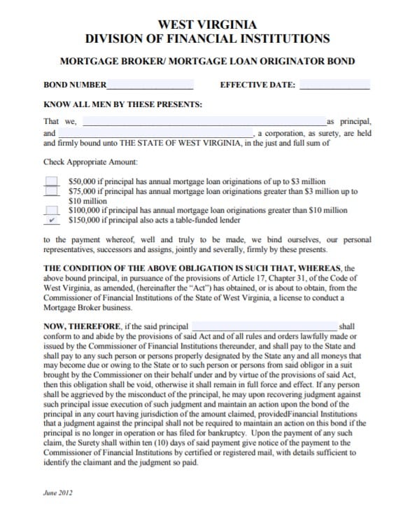 West Virginia Mortgage Broker Bond Form