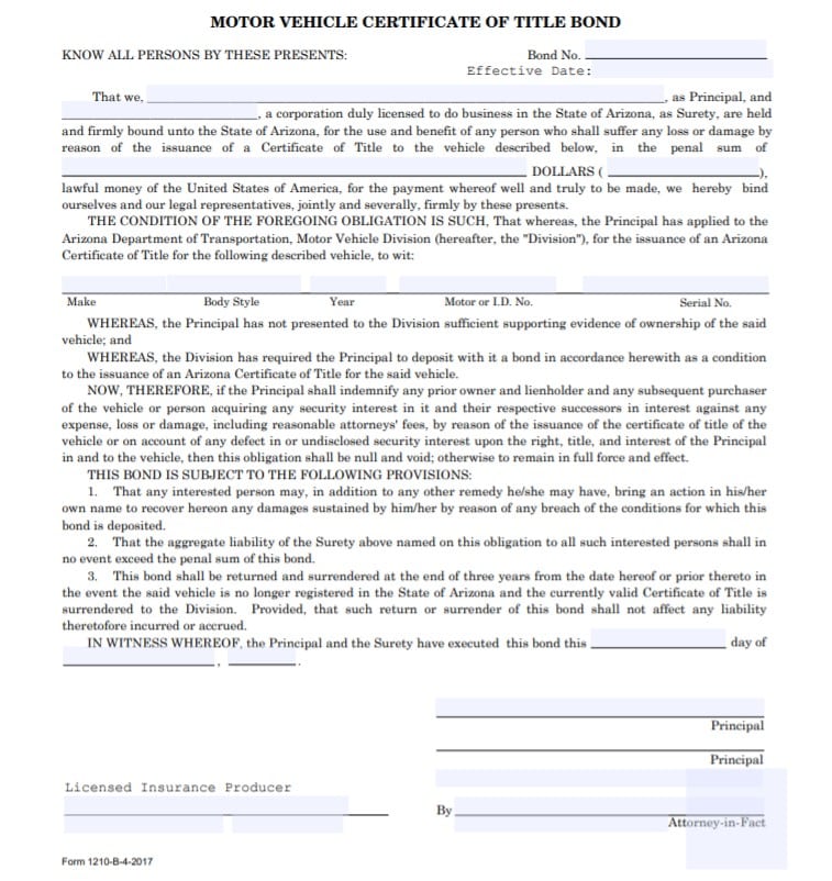 Arizona Lost Title Bond Form