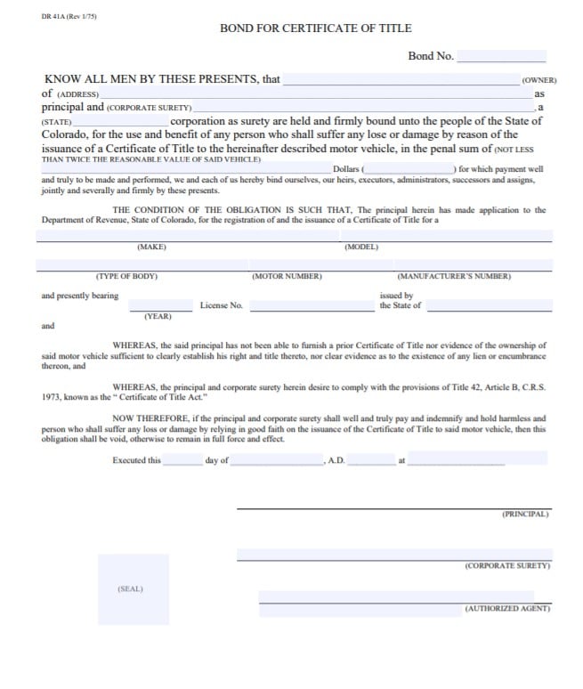 Colorado Lost Title Bond Form