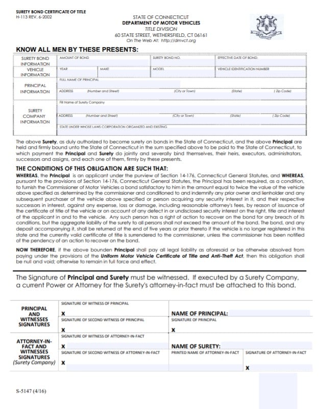 Connecticut Lost Title Bond Form