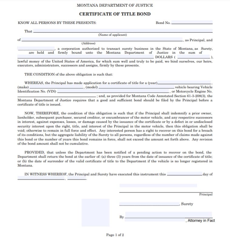 Montana Lost Title Bond Form