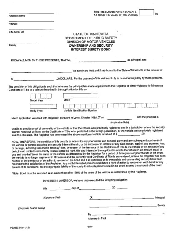 Minnesota Lost Title Bond Form