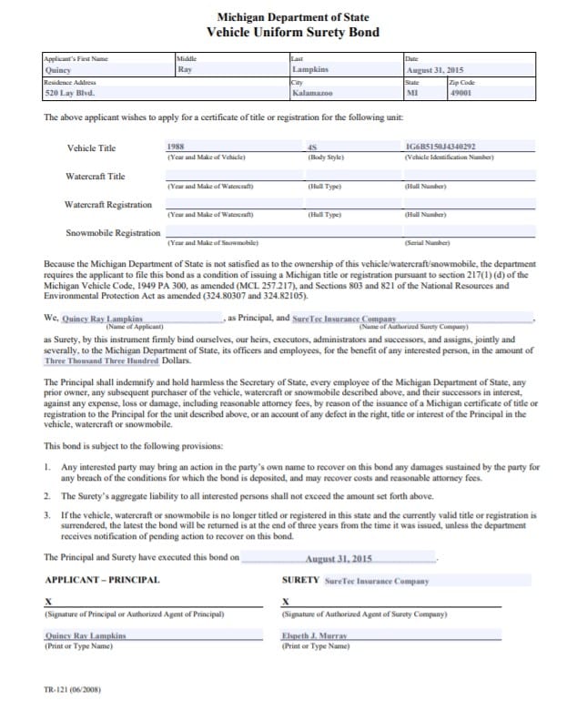 Michigan Lost Title Bond Form