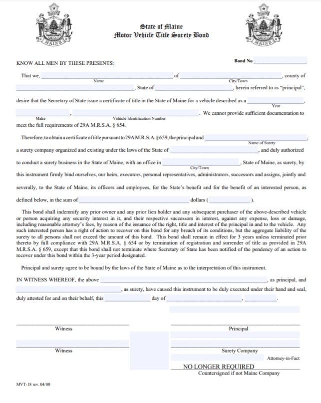 Maine Lost Title Bond Form