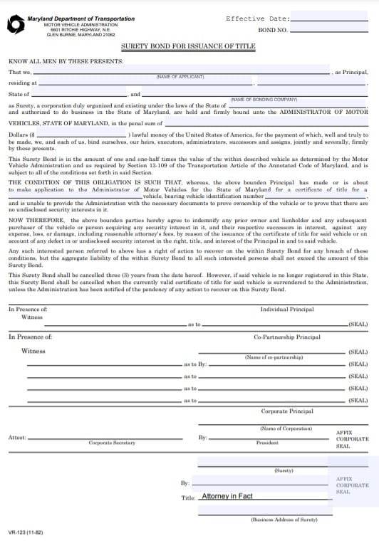 Maryland Lost Title Bond Form