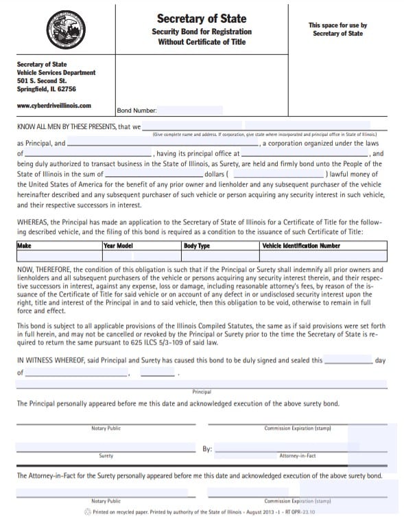 Illinois Lost Title Bond Form