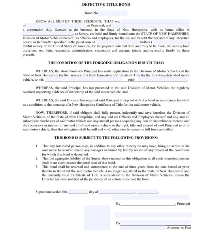 New Hampshire Lost Title Bond Form