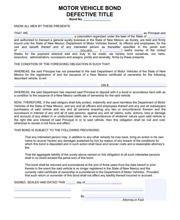 New Mexico Lost Title Bond Form