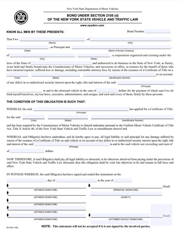 New York Lost Title Bond Form