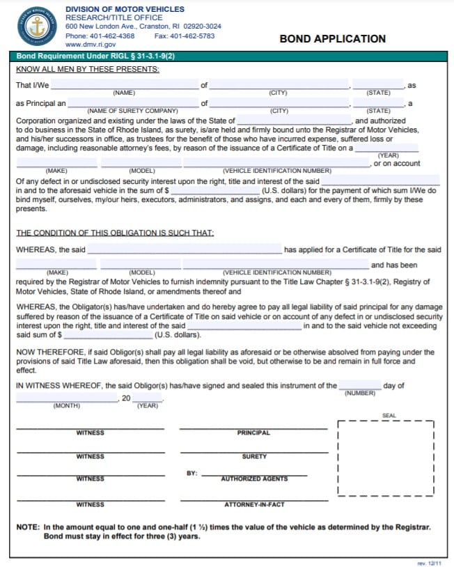 Rhode Island Lost Title Bond Form