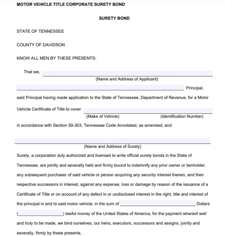 Tennessee Lost Title Bond Form