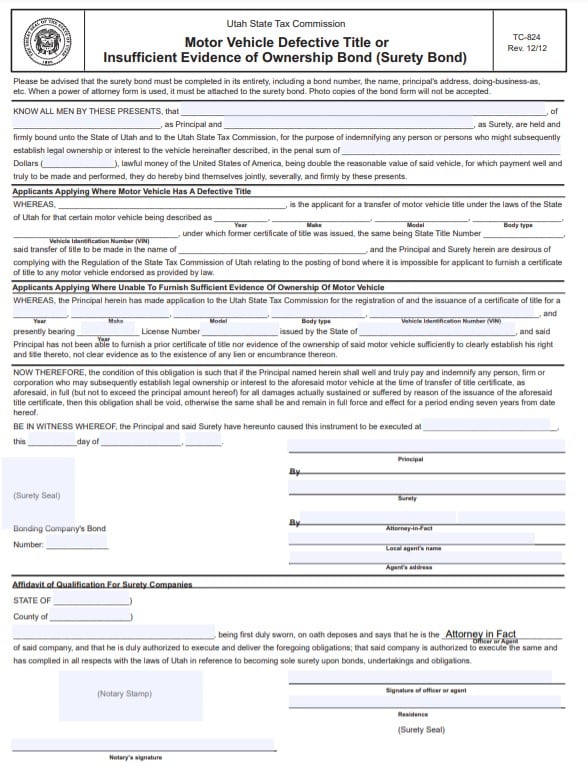 Utah Lost Title Bond Form