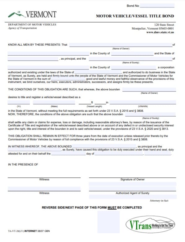 Vermont Lost Title Bond Form