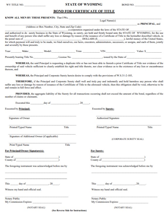 Wyoming Lost Title Bond Form