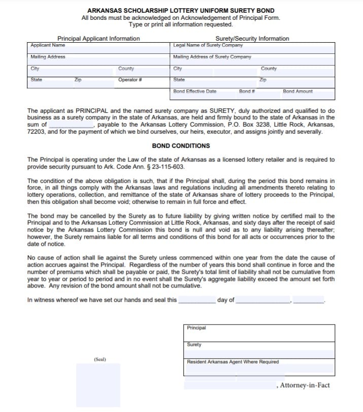 Arkansas Licensed Lottery Retailer Bond Form