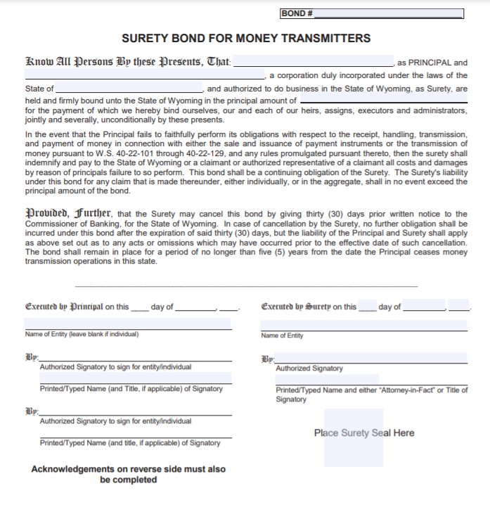Wyoming Money Transmitter Bond Form