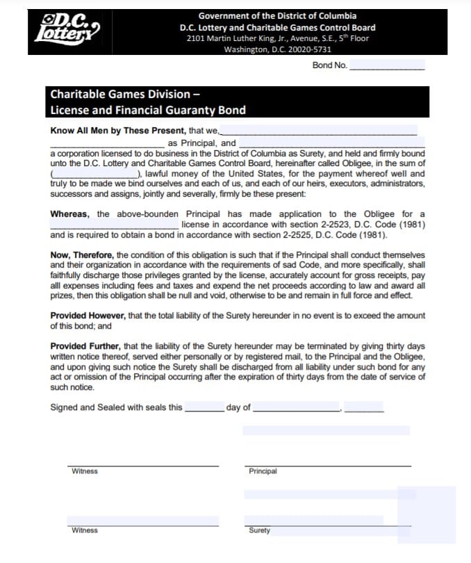 DC Lottery Retailer Bond Form