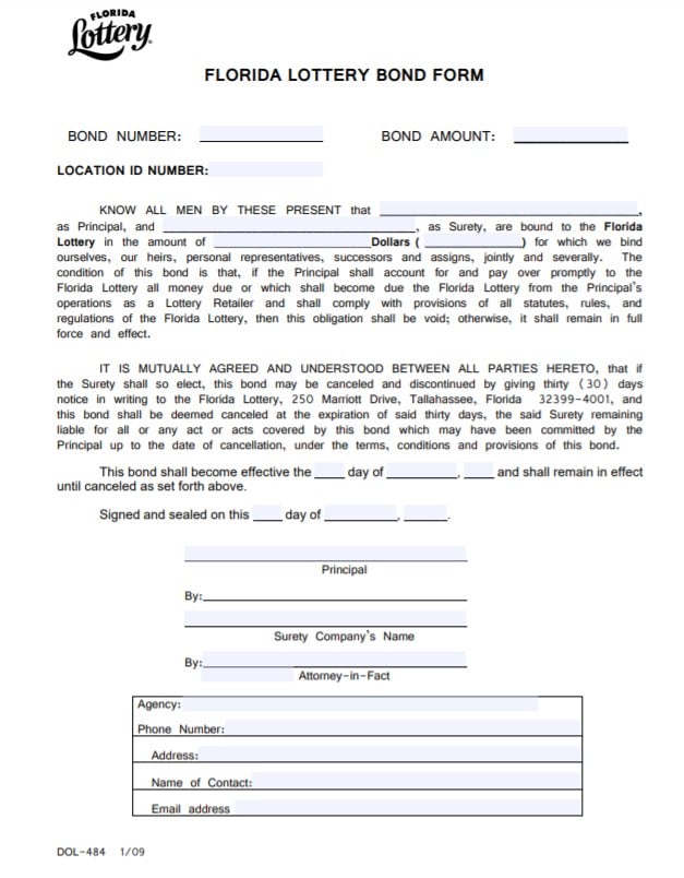 Florida Lottery Retailer Bond Form