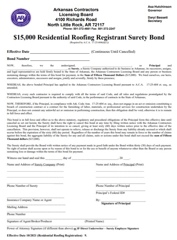 Arkansas Residential Roofing Bond Form