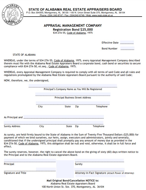 Alabama Appraisal Management Company Bond Form