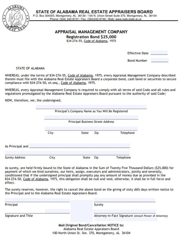 Alabama Appraisal Management Company Bond Form