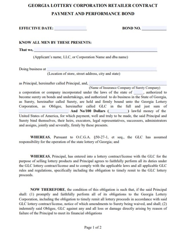 Georgia Lottery Retailer Bond Form