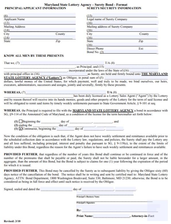 Maryland Lottery Sales Agent Bond Form