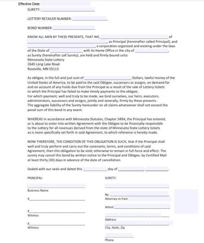 Minnesota Lottery Retailer Bond Form