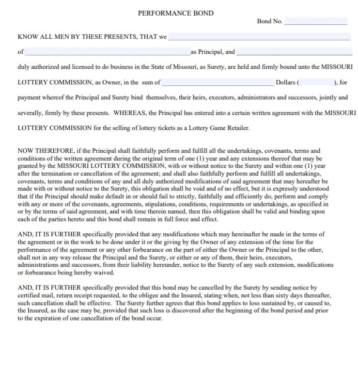 Missouri Lottery Retailer Surety Bond Form