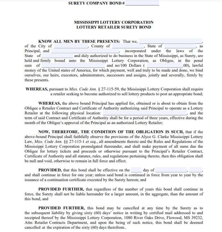 Mississippi Lottery Retailer Surety Bond Form