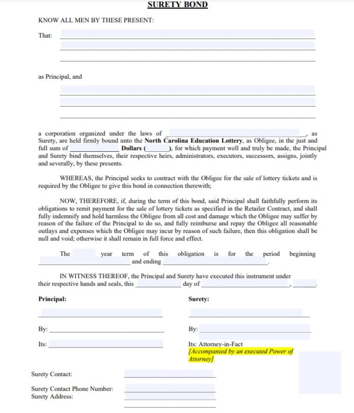 North Carolina Lottery Surety Bond Form