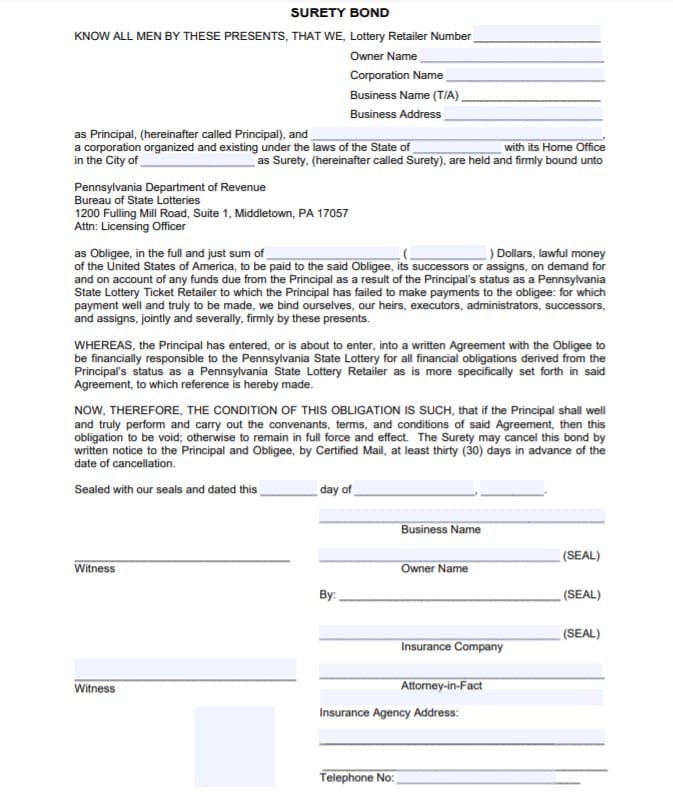 Pennsylvania Lottery Retailer Bond Form