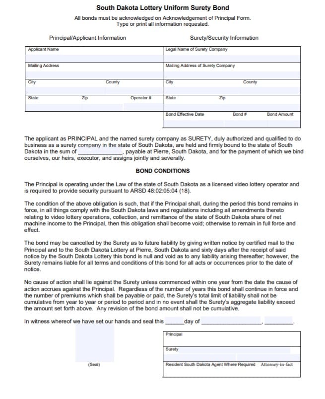 South Dakota Lottery Bond Form